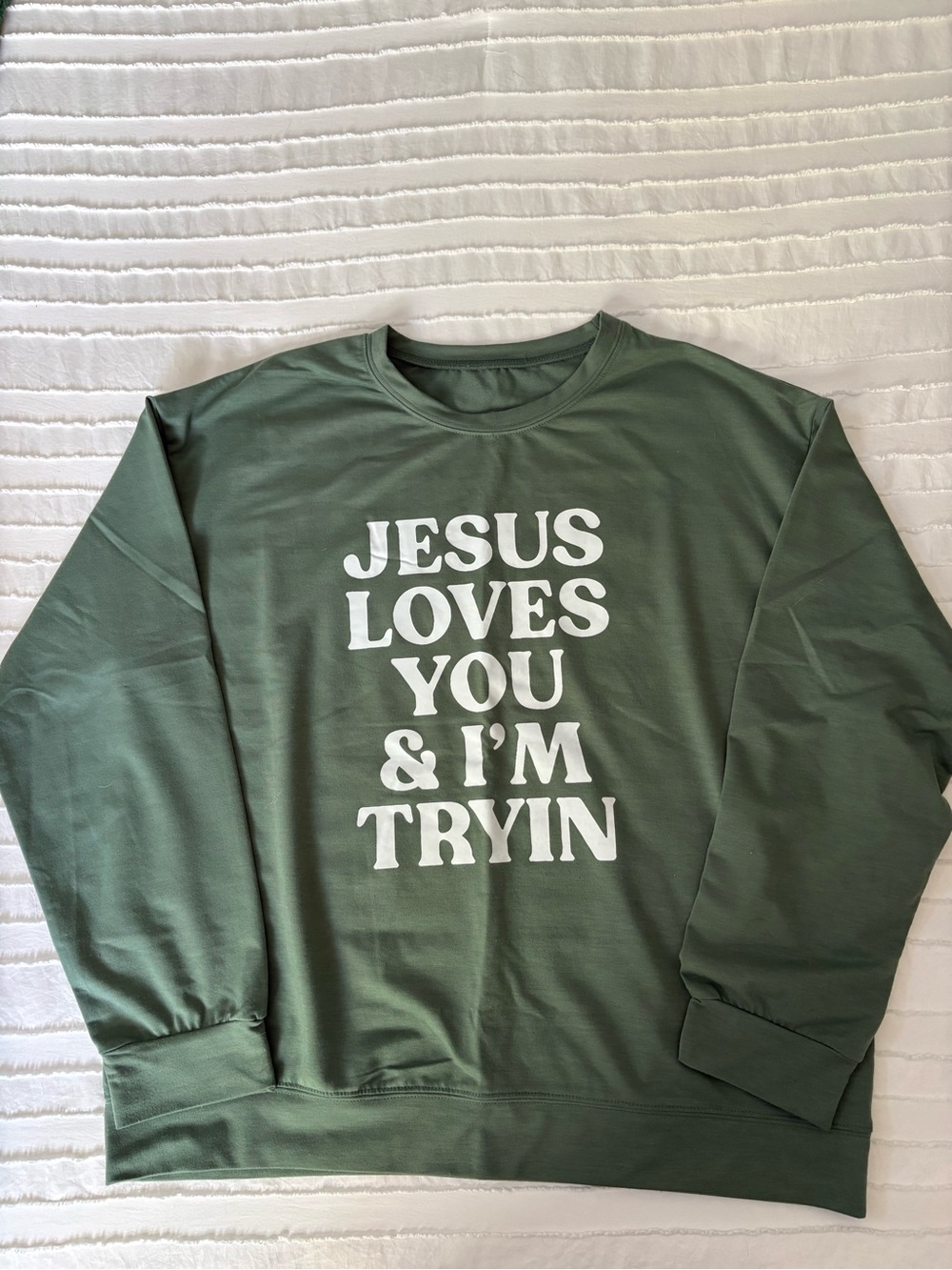 Source Unknown Olive Green Long Sleeve Tee "Jesus Loves You & I'm Tryin"